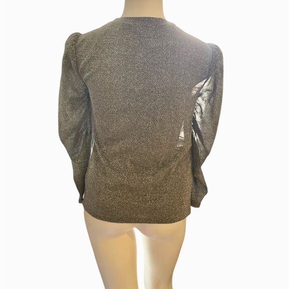 NWOT Rebecca Taylor Metallic Silver ruched 3/4 puff sleeves Blouse sz XS - Picture 2 of 13